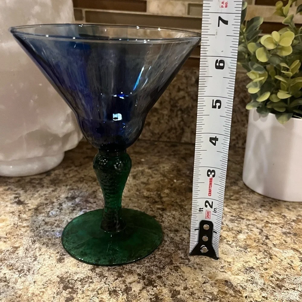 Vintage Libbey Marbleique Blue Swirl and Green Martini Glasses Set of 2
